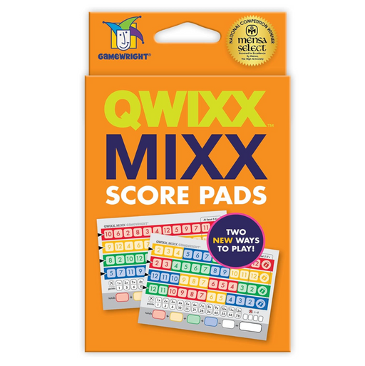 QWIXX MIXX Score Pads packaging with orange background and colorful text