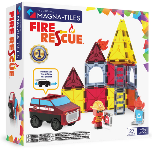Magna-Tiles Fire Rescue toy set packaging with colorful building blocks and fire truck illustration.