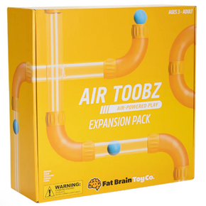 Yellow box of Air Toobz expansion pack with toy pipes and Fat Brain Toy Co branding.